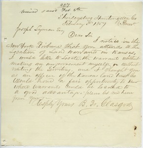 Letter from B. F. Gleasgrow to Joseph Lyman