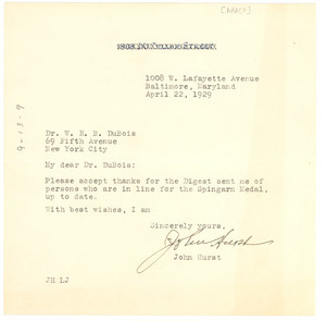 Letter from John Hurst to W. E. B. Du Bois