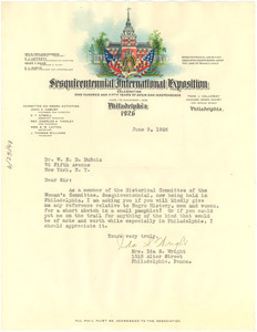 Letter from Sesqui-Centennial International Exposition, Women's Committee to W. E. B. Du Bois