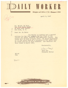 Letter from Daily Worker to W. E. B. Du Bois