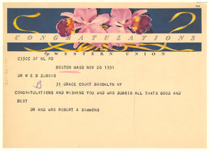 Telegram from Dr. & Mrs. Robert A. Simmons to W. E. B. Du Bois