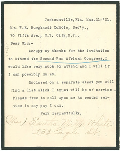 Letter from Eartha M. M. White to W. E. B. Du Bois