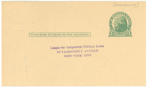 Self-addressed stamped postcard from the League for Independent Political Action to W. E. B. Du Bois