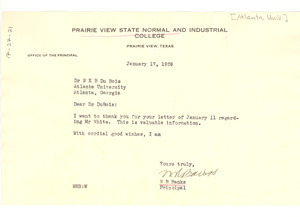 Letter from Prairie View State Normal and Industrial College to W. E. B. Du Bois