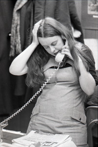 Bernadette Devlin McAliskey on the phone at the WBCN office