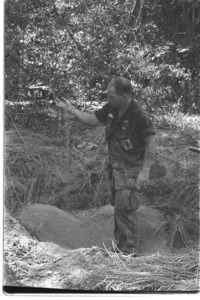 Captain examines Vietcong paddy in stronghold captured from the guerrillas.