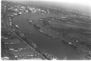 Aerial views of Saigon River showing the congestion of Saigon Harbor.