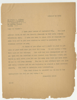 Letter from Laurence L. Doggett to Frank B. Wilson (October 16, 1918)