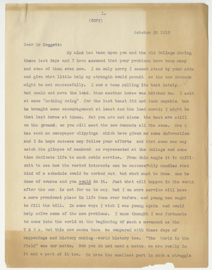 Transcription of a letter from Frank N. Seerley to Laurence L. Doggett (October 30, 1918)