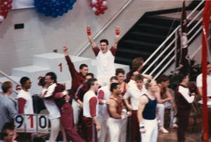 Springfield College men's gymnastics team celebration at USGF Championships, (April, 1992)