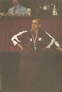 Springfield College men's gymnastics coach Stephen E. Posner observing, ca. 2000