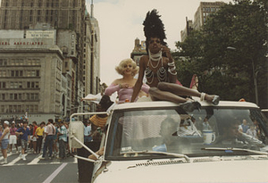 Connie Fleming and Another Person on a Truck at the 1998 New York City Pride March