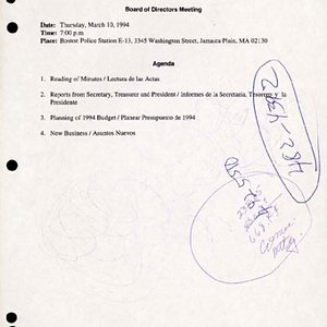 Agenda from Festival Puertorriqueño de Massachusetts, Inc., Board of Directors meeting from March 10, 1994