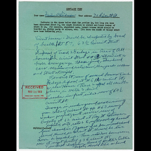 Complaint form from Martin A. Weidman of 70 Circuit Street concerning empty houses, trash, timber, sewage, and other issues on Circuit Street