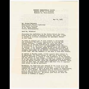 Letter from Rev. Francis D.S. Miller to Mr. Thomas McLernon about his opinions on the discontinuation of the Warren Street bus line and his support of McLernon