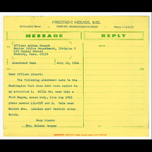 Memorandum from Mrs. Salena E. Draper to Officer Arthur Stuart about abandoned cars in Washington Park Area on Mills St. near Dale, and Dale near Walnut Ave.