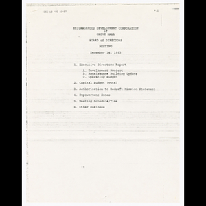 Agenda for Neighborhood Development Corporation of Grove Hall Board of Directors meeting on December 14, 1993 and description of vote about capital budget