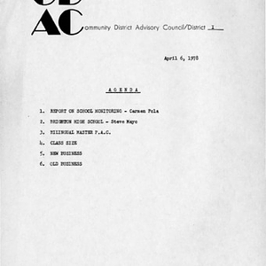 Agenda for Community District Advisory Council District I meeting on April 6, 1978