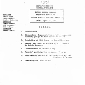 Agenda for Bilingual Master Parents Advisory Council meeting on April 13, 1981