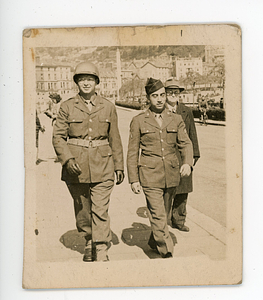 View of Murray Rosenblum and unidentified soldier on city street