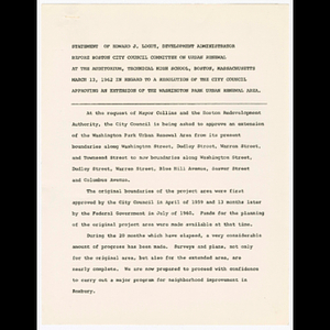 Statement of Edward J. Logue, Development Administrator, before the Boston City Council Committee on Urban Renewal on March 13, 1962 in regard to a resolution of the City Council approving an extension of the Washington Park urban renewal area