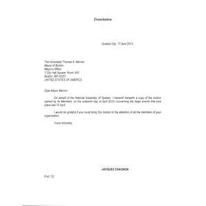 Letter from Quebec politician Jacques Chagnon to Mayor Thomas Menino