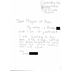 Handwritten Letter of Sympathy to the City of Boston from a 6th Grade Student at Clarecastle National School, Ireland.