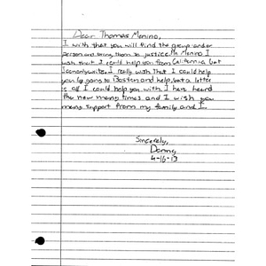 Letter from a student at Canyon Hills Junior High School sent to the City of Boston after the 2013 Boston Marathon bombings (California)