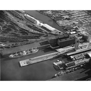 Charlestown Waterfront, docks, Wiggins Terminal Store, center, freighter, area view, Boston, MA