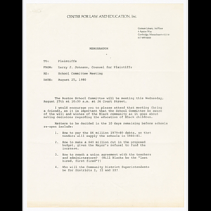 Memorandum from Larry J. Johnson to plaintiffs about School Committee meeting on budgets, staffing and desegregation