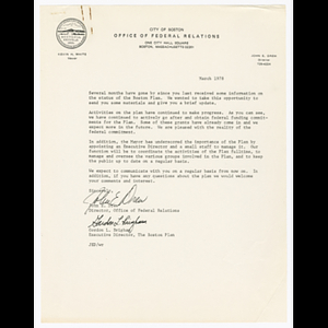 Letter from John E. Drew and Gordon L. Brigham about the Boston Plan with attached updates