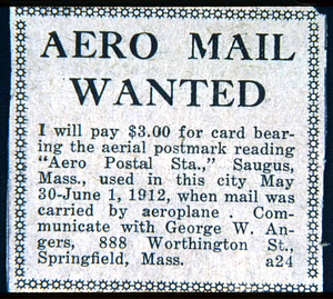 Add for 1912 Aero mail, Harry Atwood flew the mail