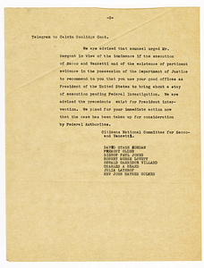 Statement by the Citizens National Committee for Sacco and Vanzetti concerning telegram to President Calvin Coolidge, August 20, 1927