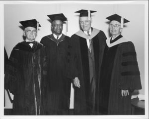 Faculty, trustees and honorary degree recipients at the 1967 Suffolk University commencement