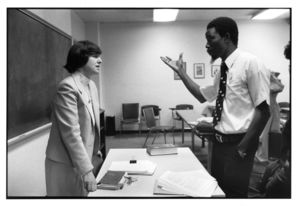 Suffolk University Professor Valerie Epps (Law) and a student