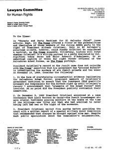Letter to The Times from Michael Posner, Executive Director, Lawyers Committee for Human Rights regarding Times' article "Threats and Party Backlash for El Salvador Chief." Letter disputes article's statement regarding President Cristiani's role in progress on Jesuit murder investigation, 17 September 1990