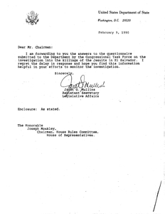 Letter to John Joseph Moakley that includes answers to the Congressional Task Force questionnaire on the investigation of the Jesuit murders, from Janet G. Mullins, Assistant Secretary, Legislative Affairs, Department of State, 9 February 1990