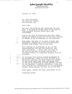 Draft letter to campaign volunteer from John Joseph Moakley thanking him for support