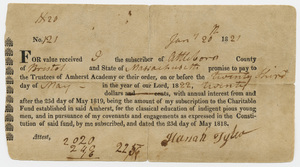 Hannah Tyler promissory note for Charity Fund subscription, 1821 January 20