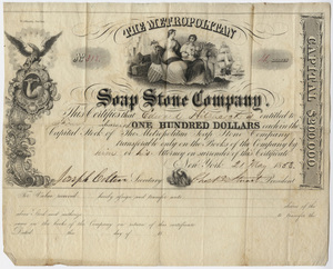Edward Hitchcock stock certificate of The Metropolitan Soap Stone Company