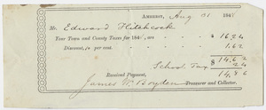 Edward Hitchcock receipt of payment to the town of Amherst, 1848