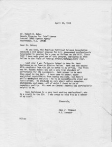 Letter from Senator Tsongas to Dr. Robert N. Gates commending Hank Applebaum for his work in Tsongas' office