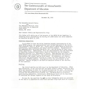 Letter, Senator Gerard D'Amico and Representative Mel King, December 10, 1979.