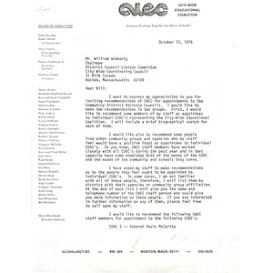Letter, Citywide Coordinating Council, October 13, 1976.