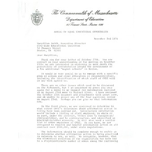 Letter, Bureau of Equal Educational Opportunity to Mary Ellen Smith, November 3, 1976.