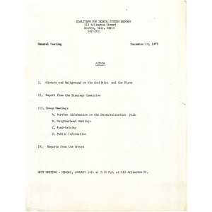 Citywide Educational Coalition agenda and meeting notes, December 10, 1973.