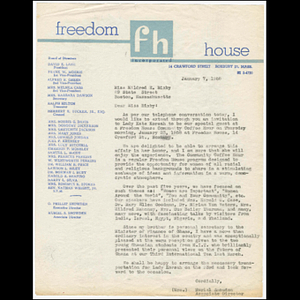 Letter from Muriel Snowden to Mildred Bixby about Lady Kate Korsah's visit to Freedom House Coffee Hour