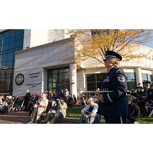 A trumpeter from the Air National Guard Band of the Northeast at the Veterans Memorial dedication ceremony