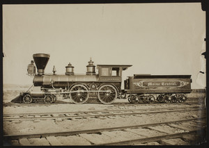Wood-burning locomotive and Main Central wood car, Portland Co. Works, 1871