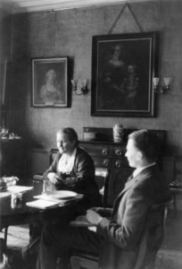Portrait of Frances Greely Curtis and an unidentified man, sitting in the second floor dining room, Greely Stevenson Curtis House, 28-30 Mount Vernon St., Boston, Mass., February 18, 1923